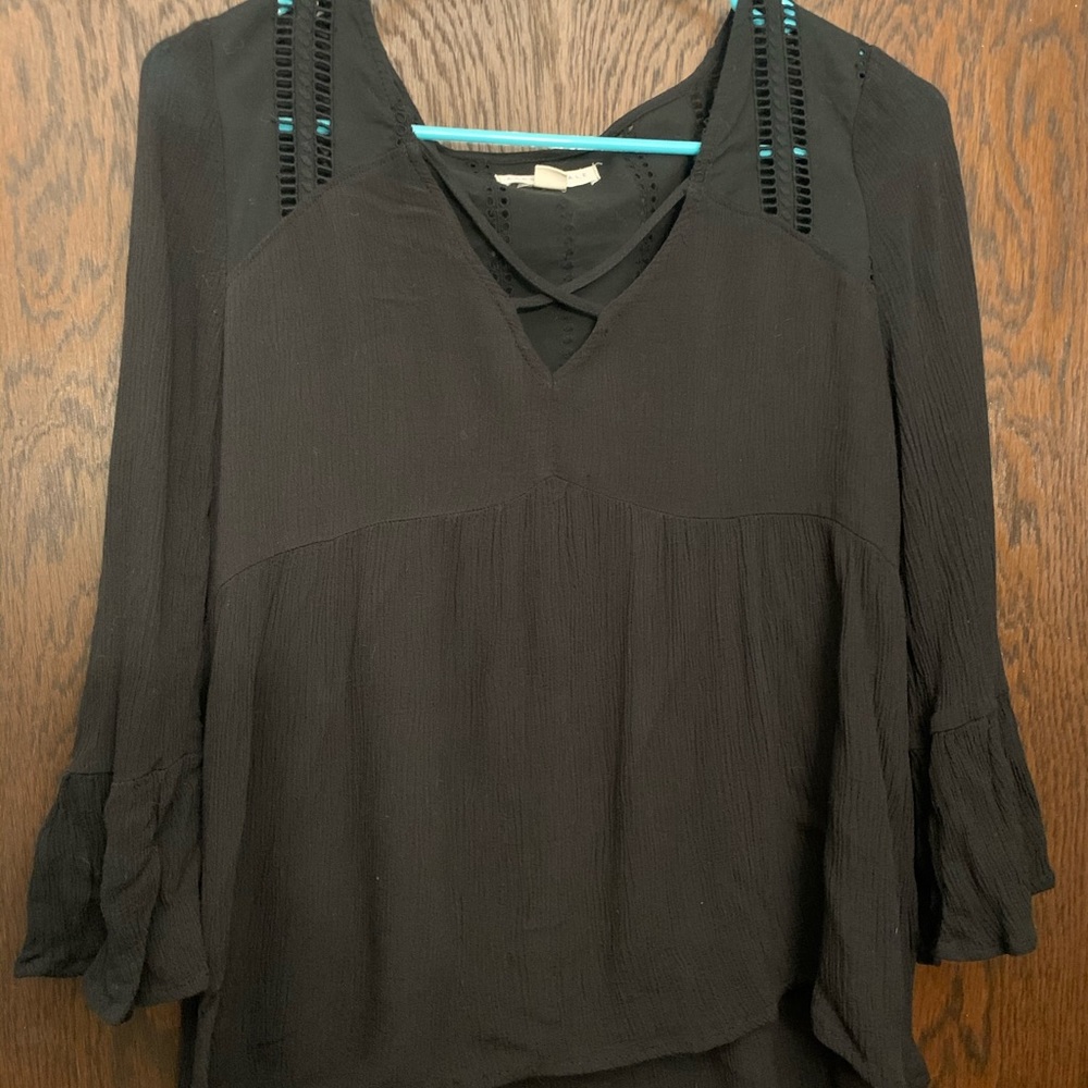 3/4 length bell sleeve top with eyelet cutouts